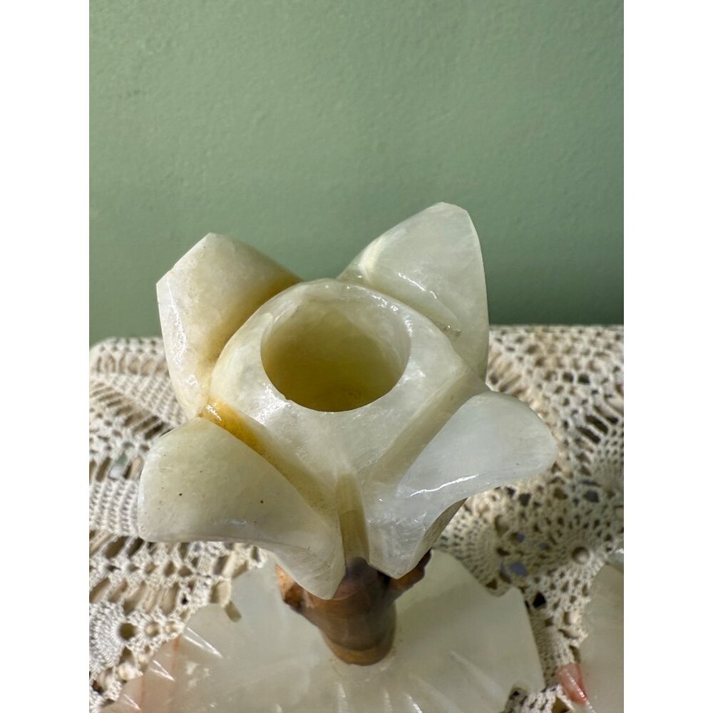 Vintage MCM Carved Onyx Flower Candle Stick Holders - Picture 5 of 16